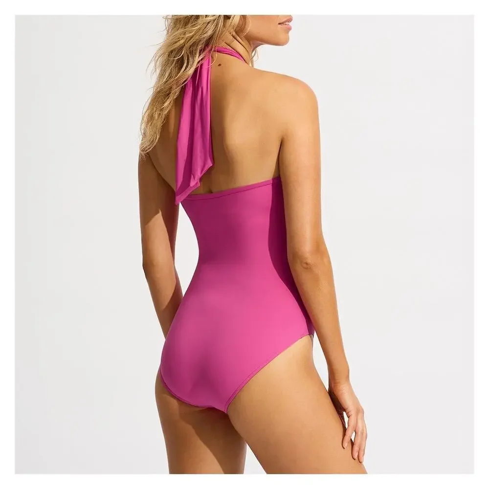 NEW Seafolly Collective Hot Pink Halter Bandeau One Piece‎ Swimsuit Size 10